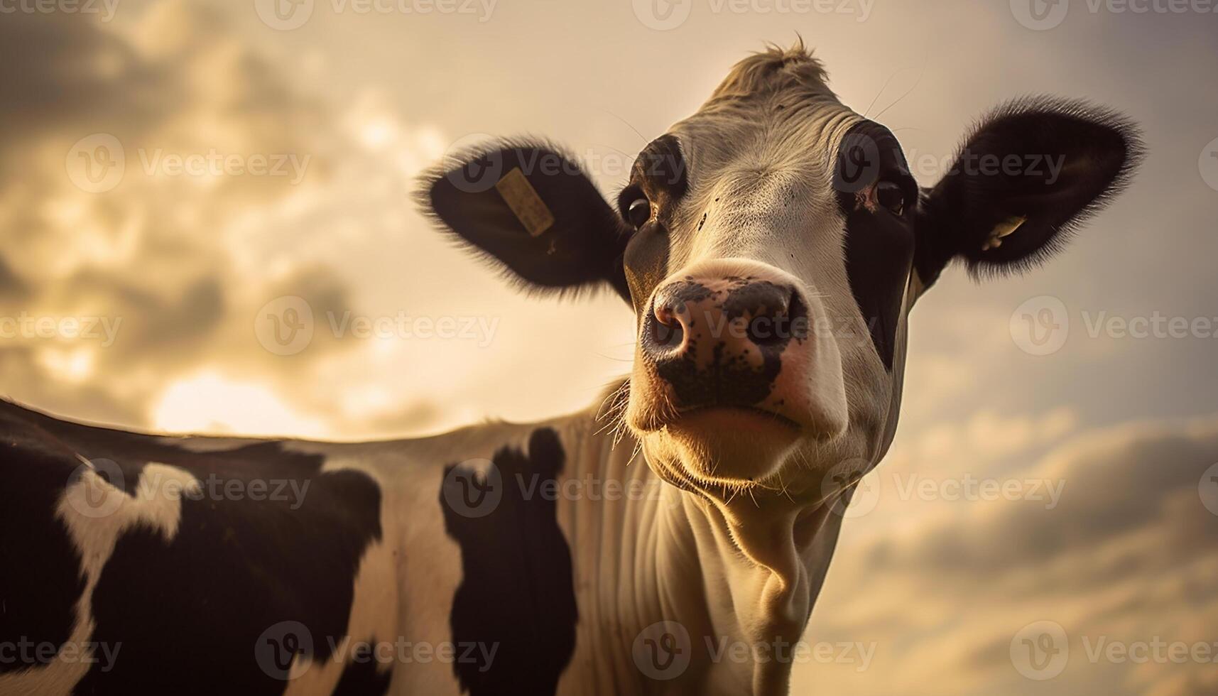 AI generated Cute cow grazing in the meadow, looking at the sunset generated by AI photo