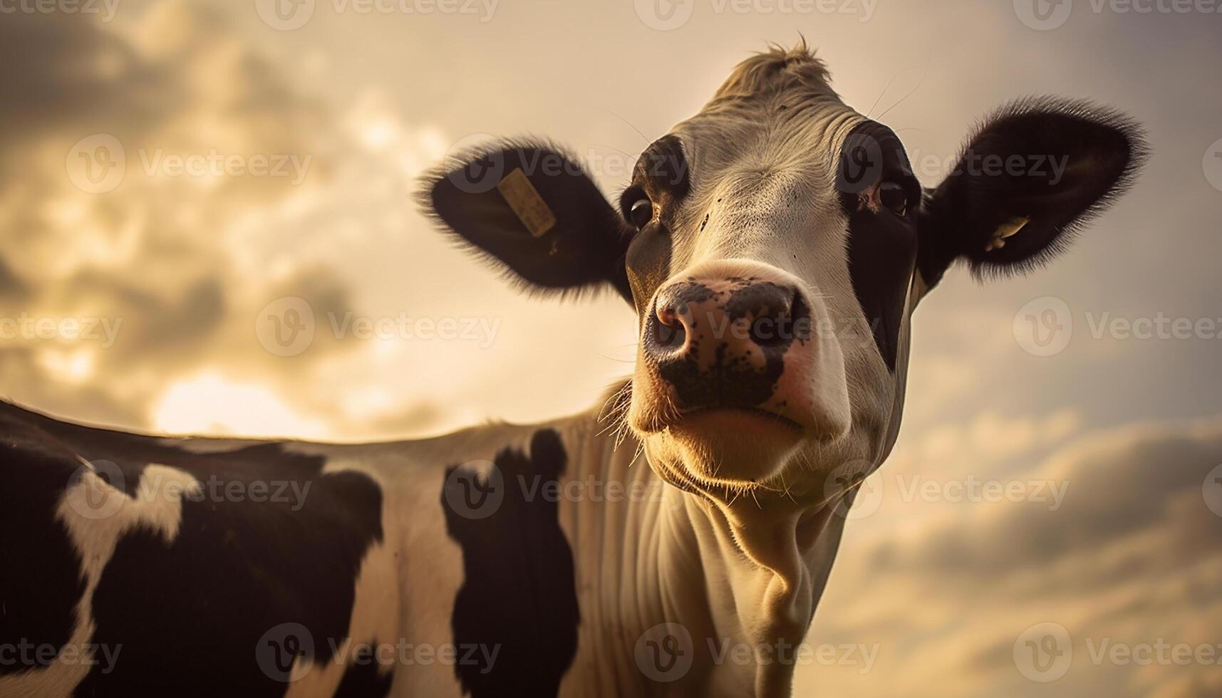 ai generado linda vaca pasto en el prado, mirando a el puesta de sol generado por ai foto