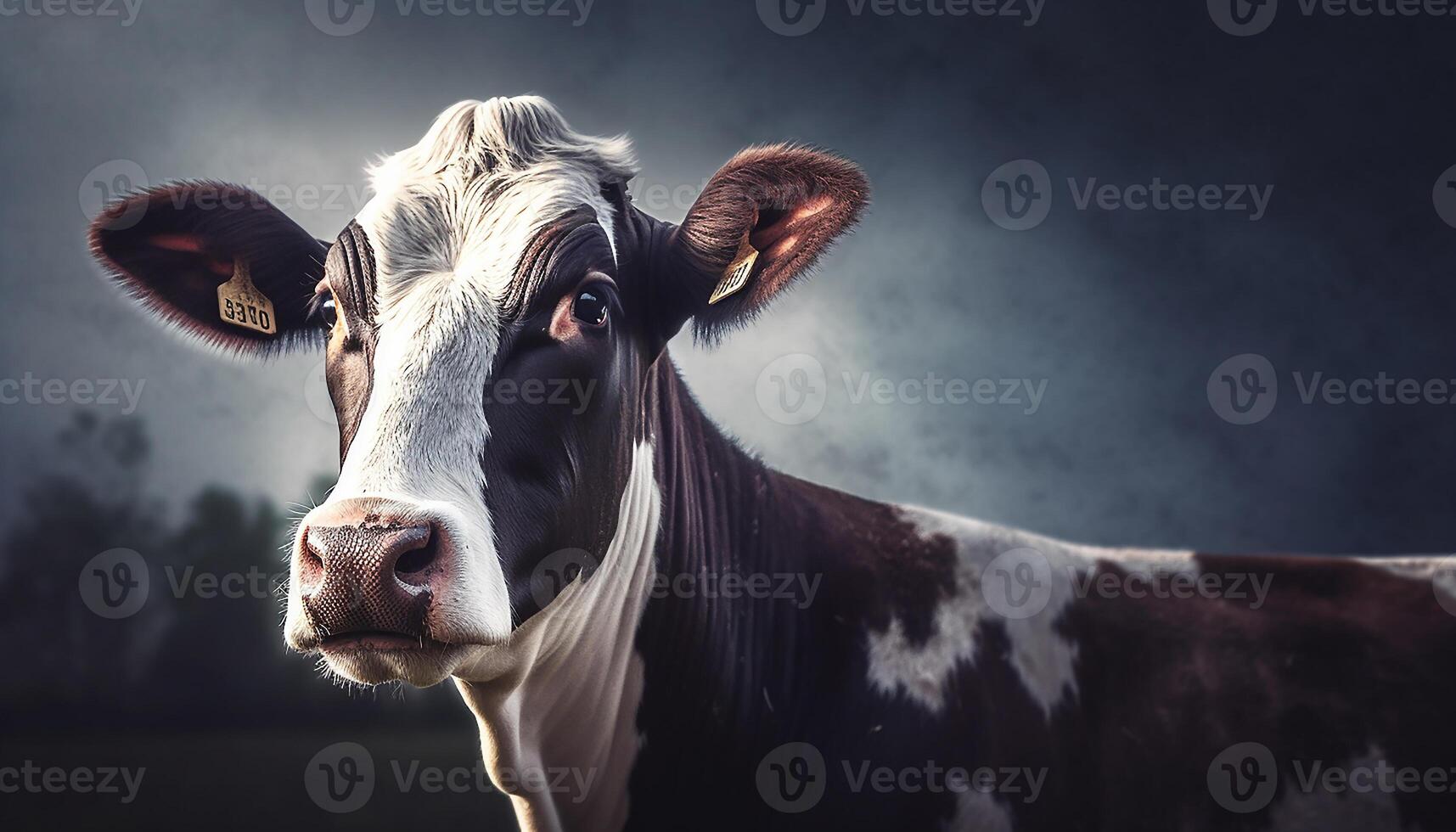AI generated Cute cow grazing on green meadow, looking at camera generated by AI photo
