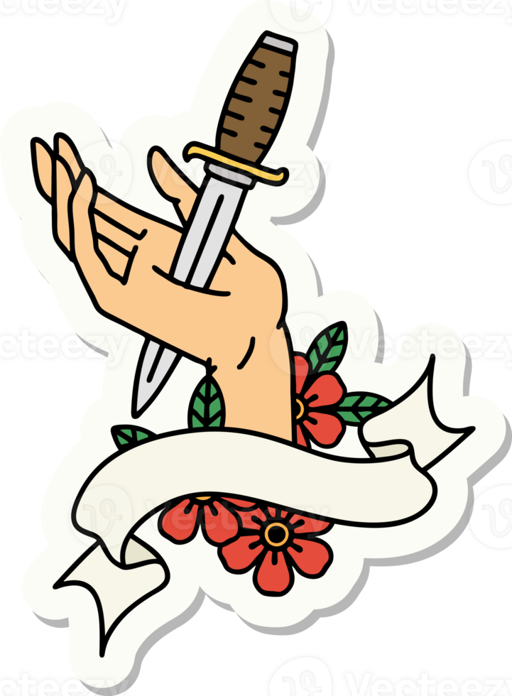 tattoo style sticker with banner of a dagger in the hand png