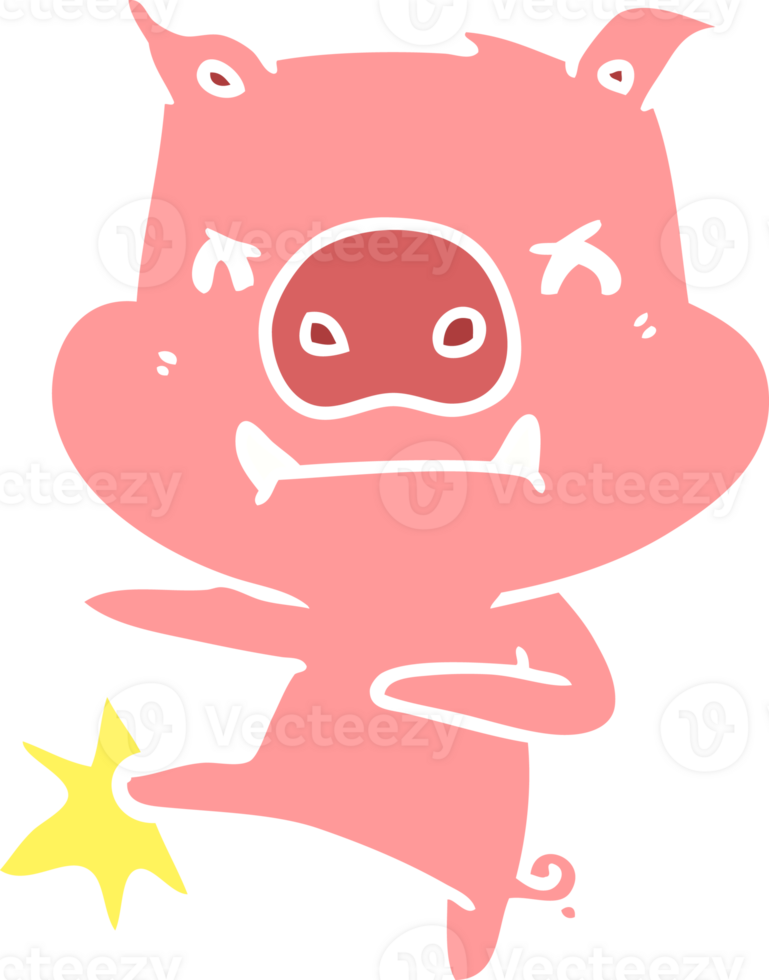 karatê de porco de desenho animado estilo de cor plana com raiva chutando png