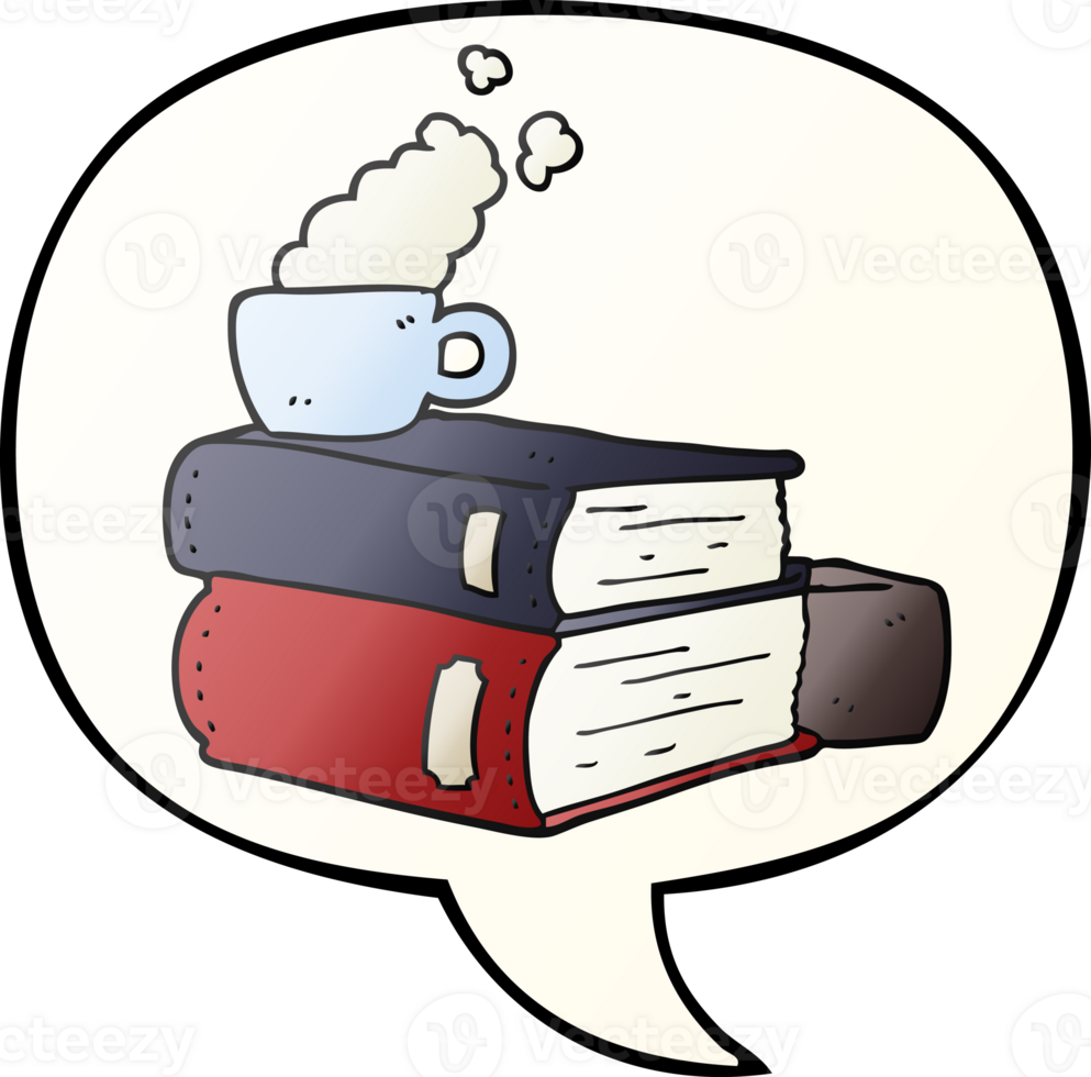 cartoon books and coffee cup with speech bubble in smooth gradient style png