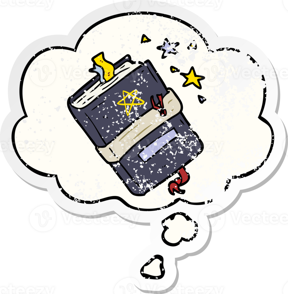 cartoon book of spells with thought bubble as a distressed worn sticker png