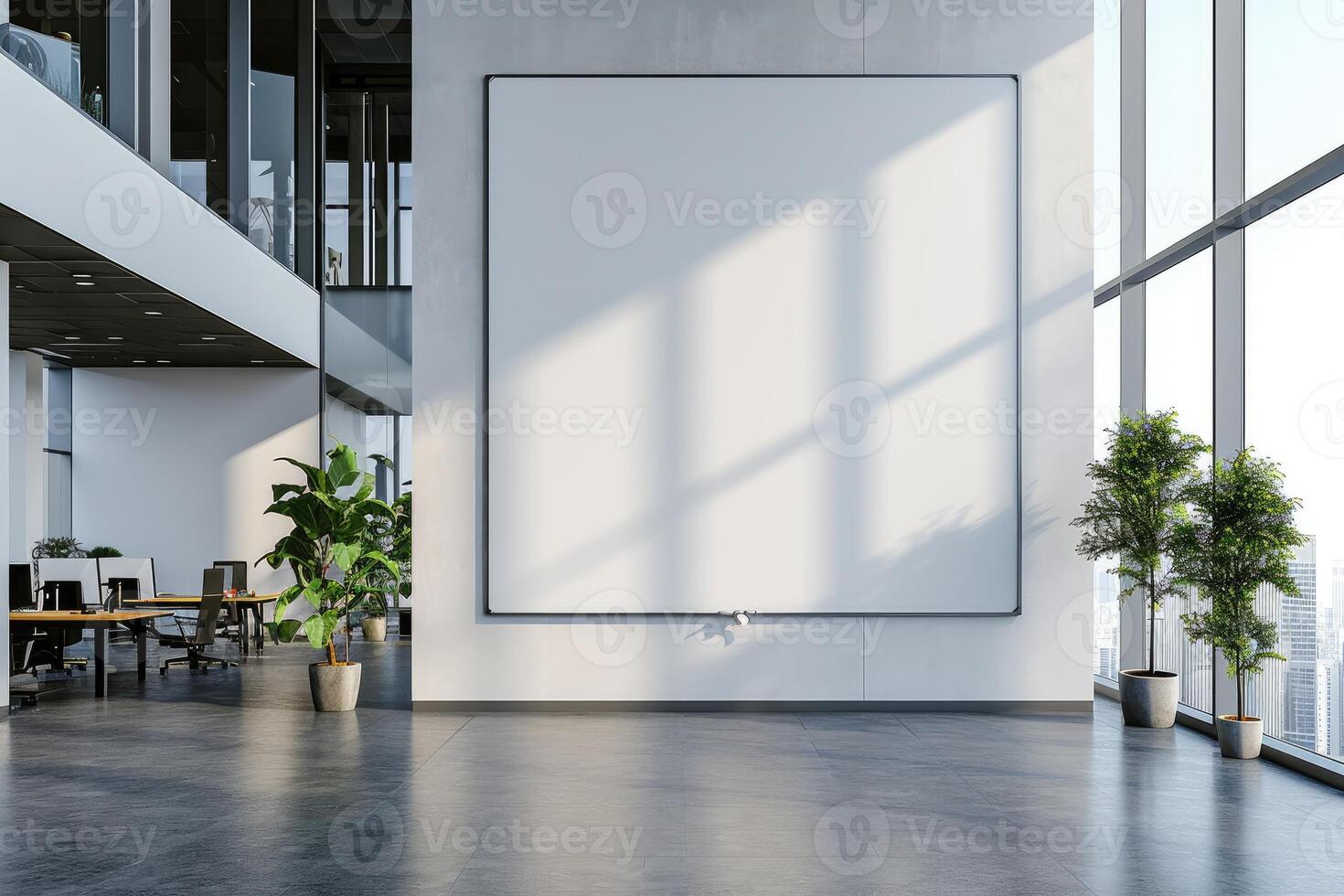 AI generated Office lobby with a large white wall ,no text for mockup, near meeting rooms. generative ai photo