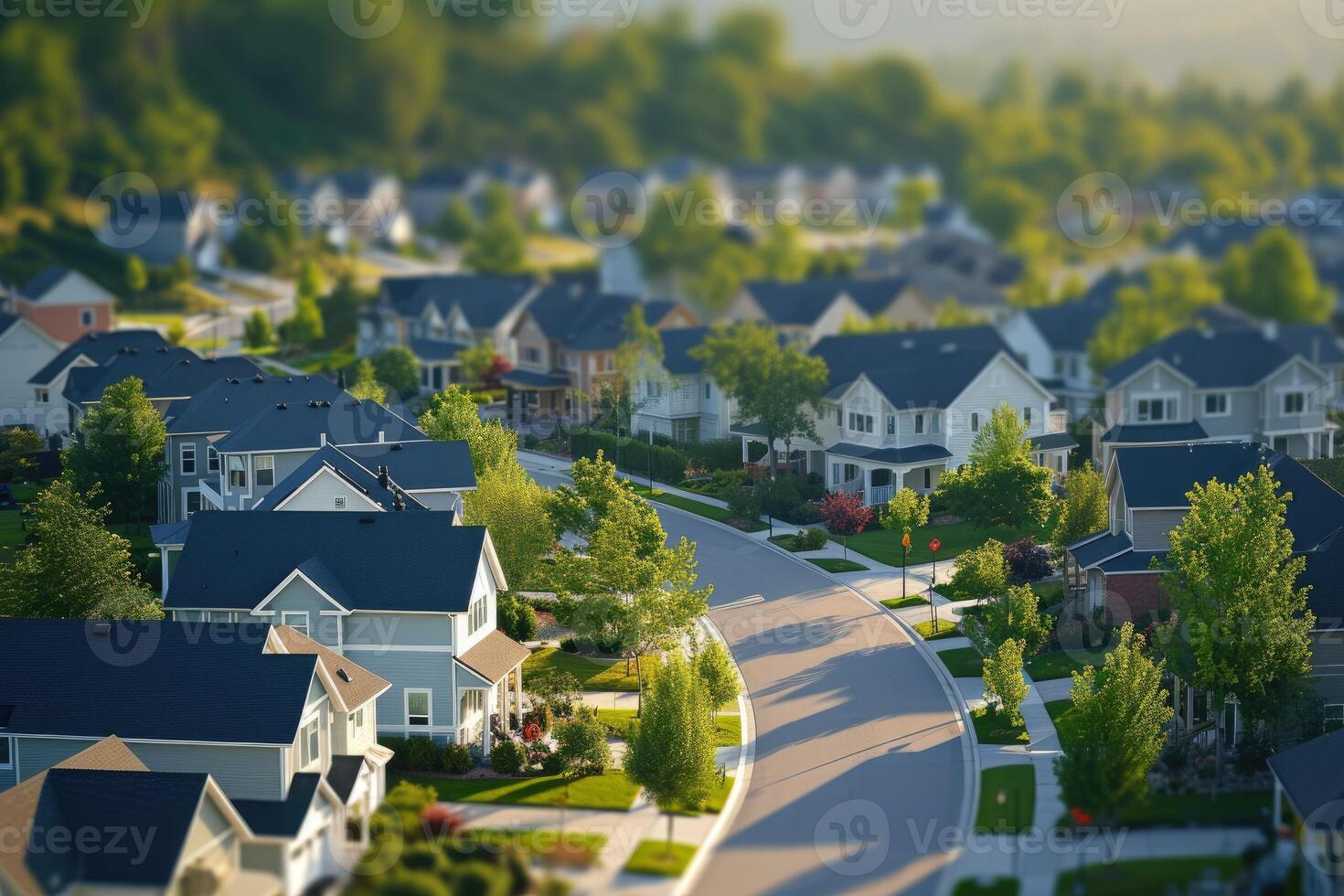 AI generated Street of Suburban Homes, Selective Focus. generative ai photo