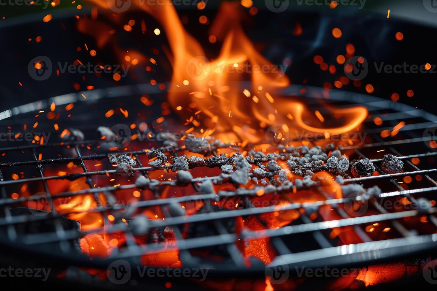 ai generado caliente vacío portátil parilla barbacoa parrilla con llameante fuego y ascua carbón en negro antecedentes. esperando para el colocación de tu alimento. cerca arriba foto