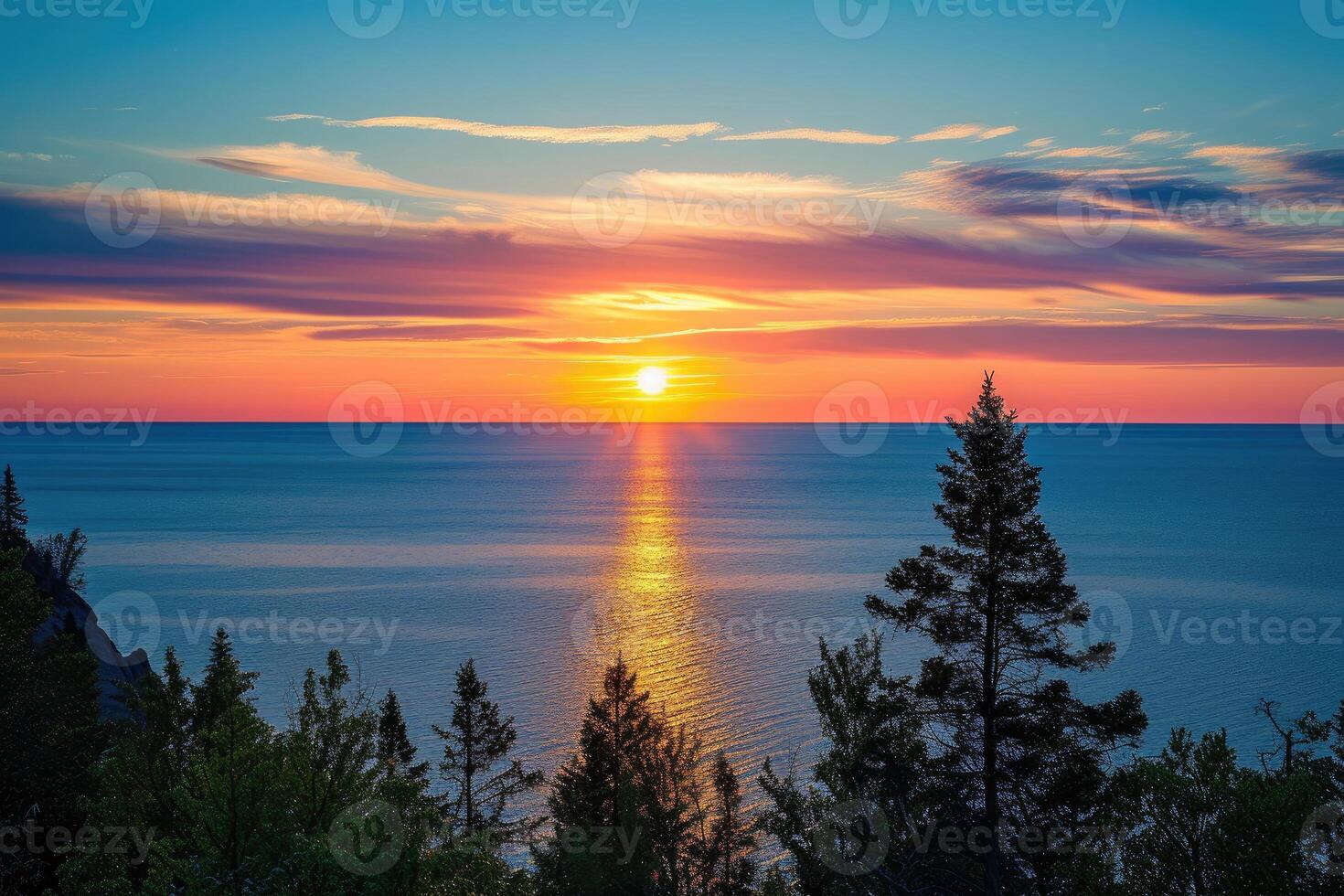 ai generado hermosa puesta de sol terminado lago superior. generativo ai foto