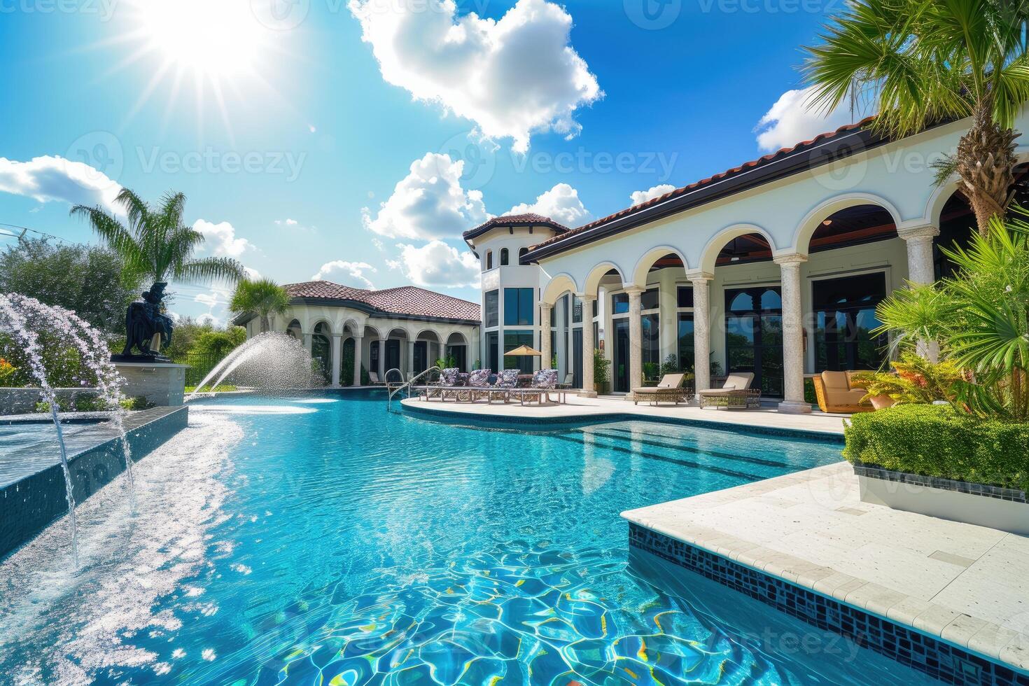 ai generado hermosa hogar exterior y grande nadando piscina en soleado día con azul cielo , caracteristicas serie de agua chorros formando arcos foto