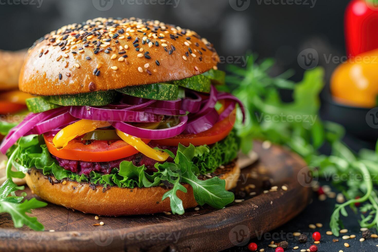 AI generated Avocado Sandwich with Vegan Burger, Roast Yellow Pepper and Pickled Red Cabbage. Selective Focus. generative ai photo