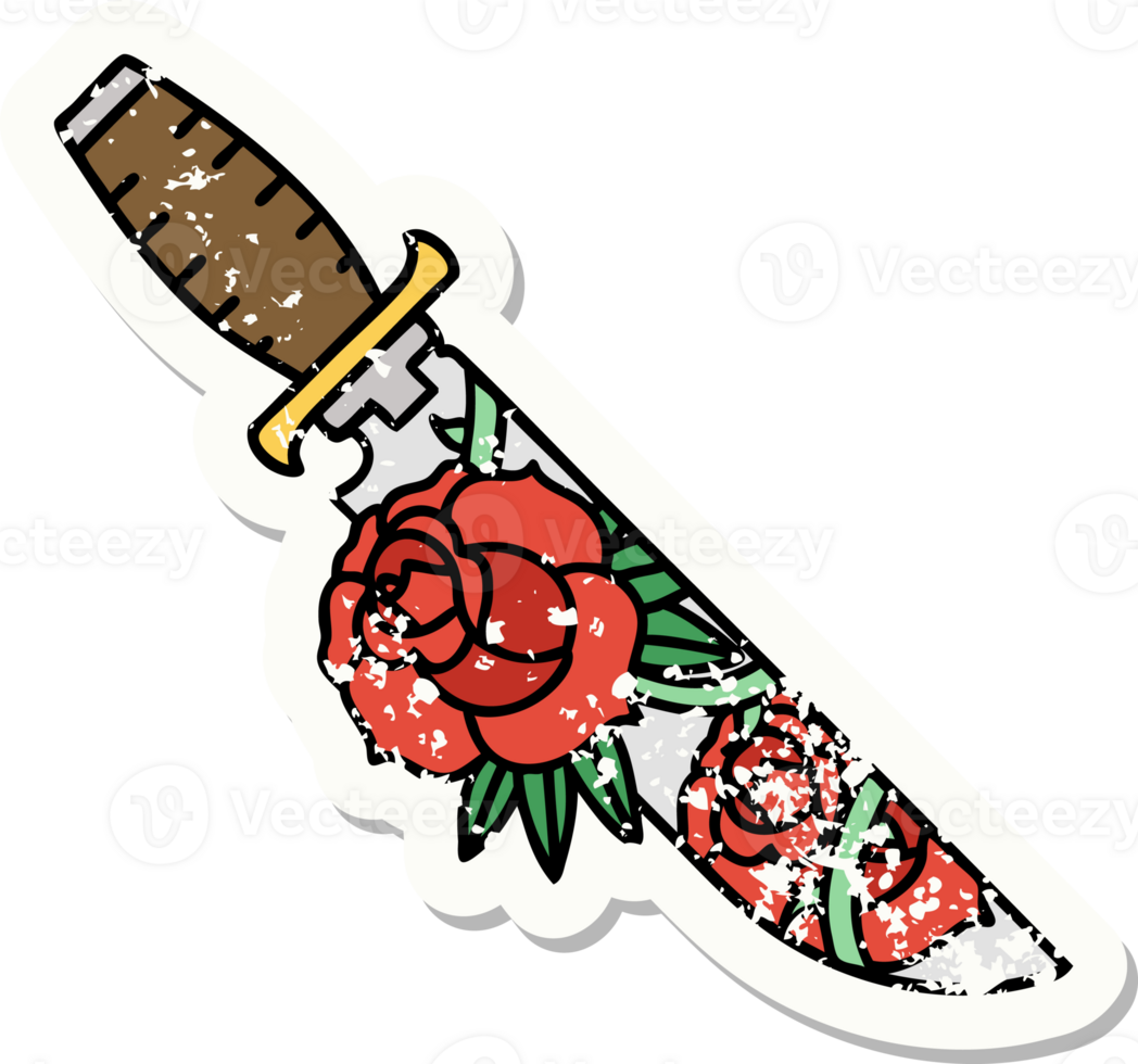 distressed sticker tattoo in traditional style of a dagger and flowers png