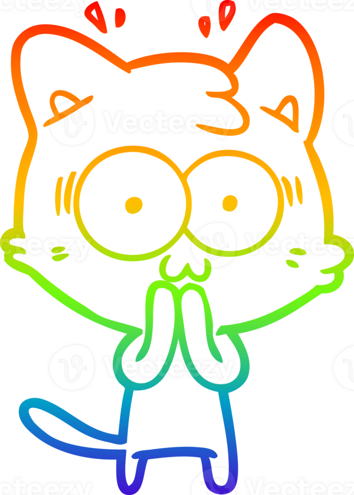 rainbow gradient line drawing of a cartoon surprised cat png