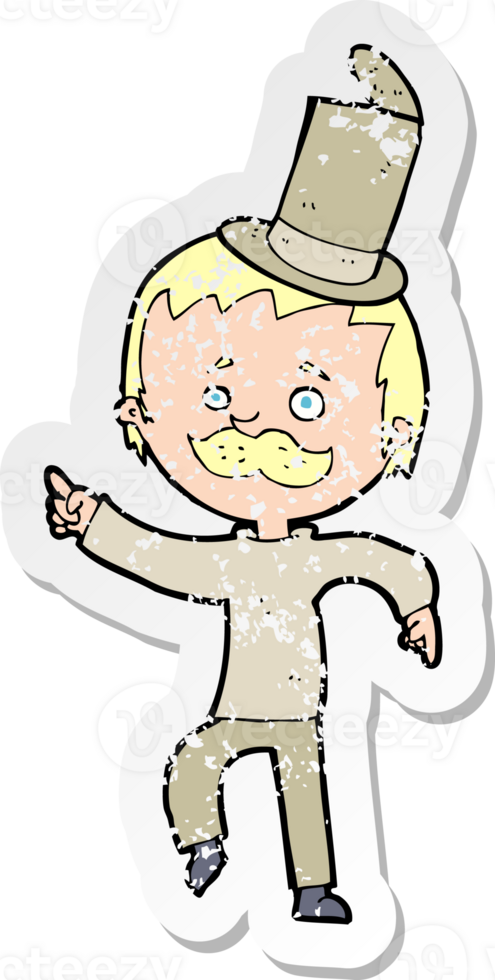 retro distressed sticker of a cartoon man in broken old hat png
