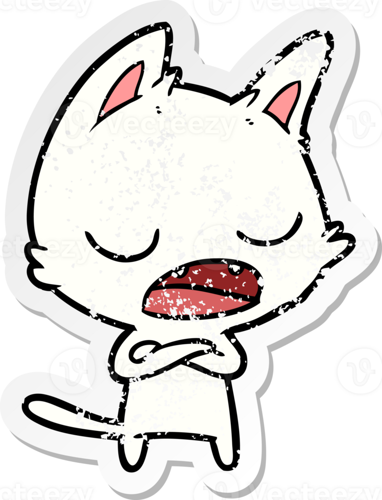 distressed sticker of a talking cat cartoon png