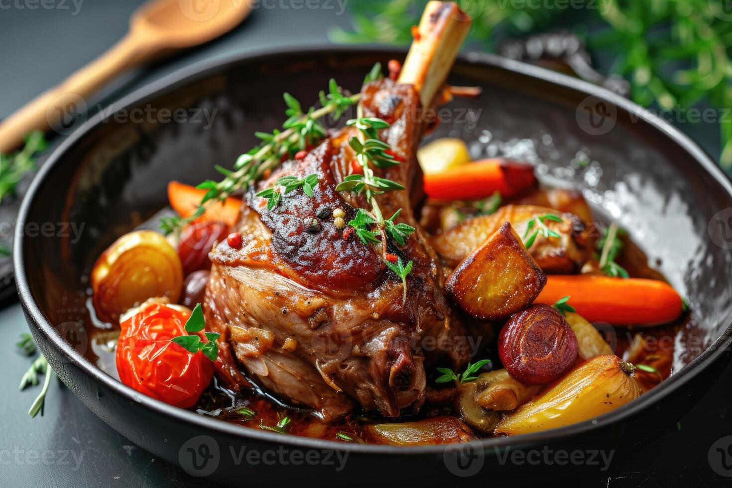 AI generated Braised lamb shank with herbs and vegetables. generative ai photo