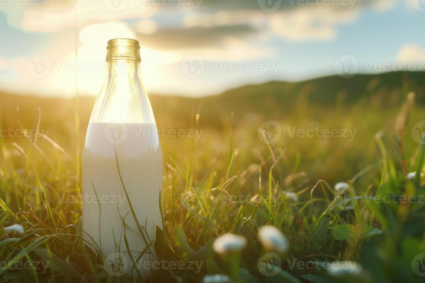 AI generated A Bottle of Fresh Milk on A Sunny Summer Farm Meadow, Grass, Nature and Plants. Mockup, Eco Food, Dairy Products Concept Ideas. generative ai photo
