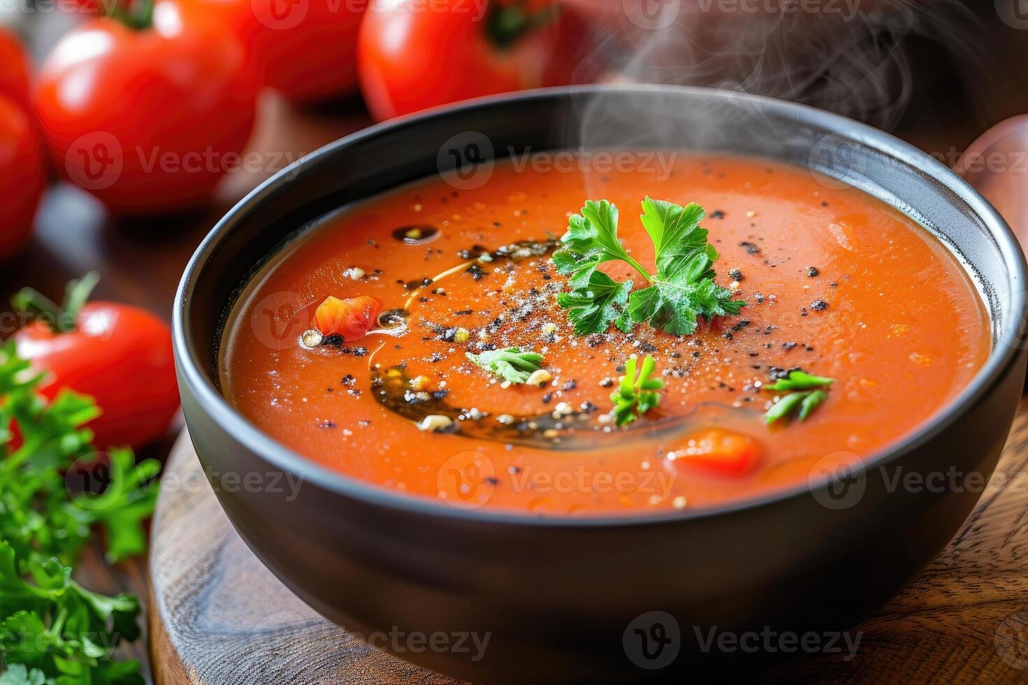 AI generated Tomato Shorba A steaming bowl of creamy tomato soup garnis. generative ai photo
