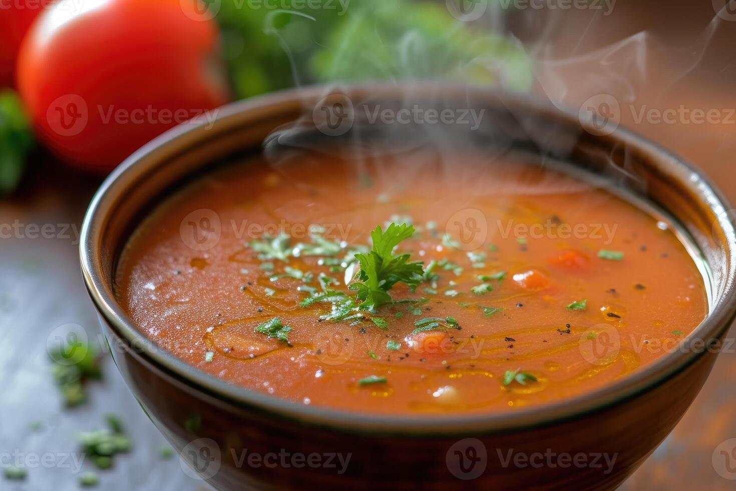 AI generated Tomato Shorba A steaming bowl of creamy tomato soup garnis. generative ai photo