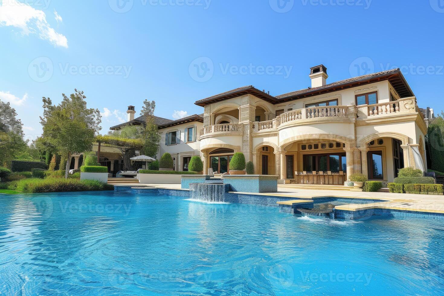 ai generado hermosa hogar exterior y grande nadando piscina en soleado día con azul cielo , caracteristicas serie de agua chorros formando arcos foto