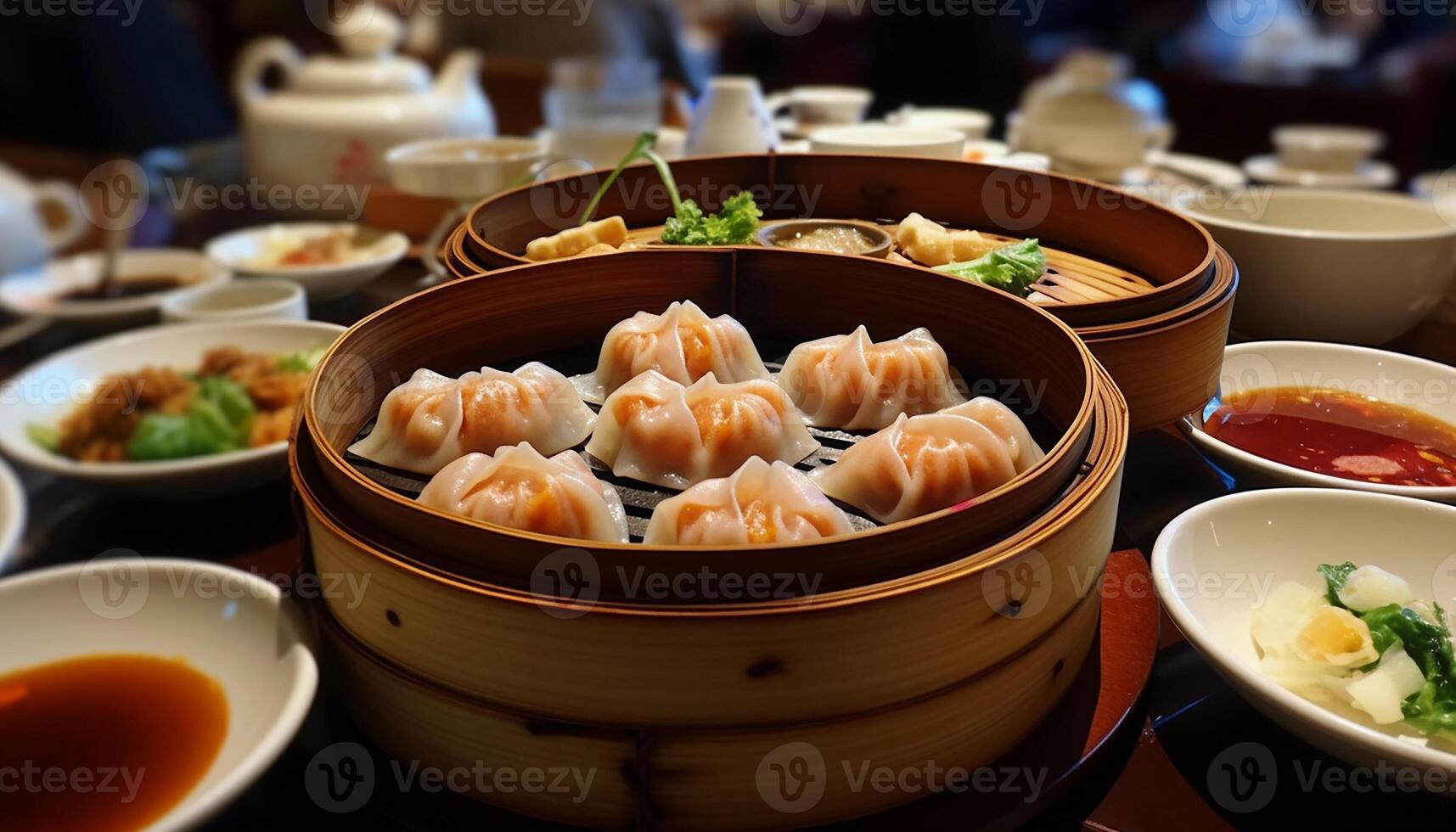 AI generated Freshness and tradition steamed in Chinese culture savory dim sum generated by AI photo