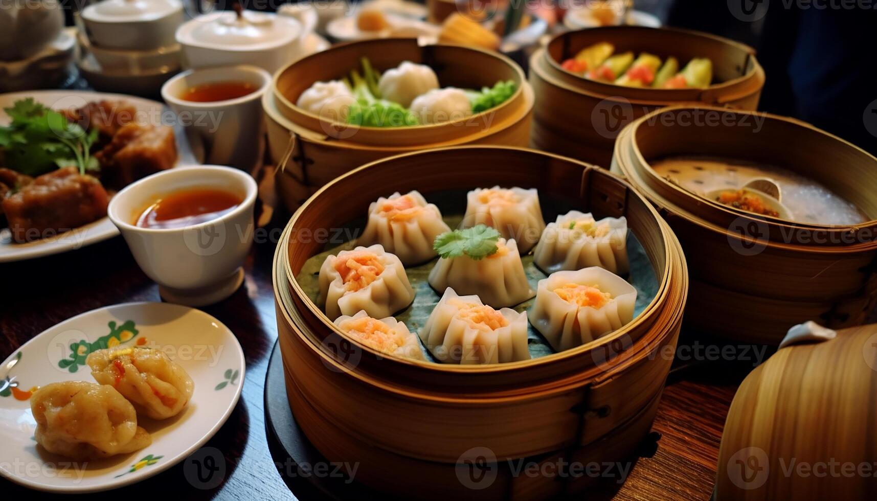 AI generated Steamed dumplings, a Chinese delicacy, served in a bamboo steamer generated by AI photo