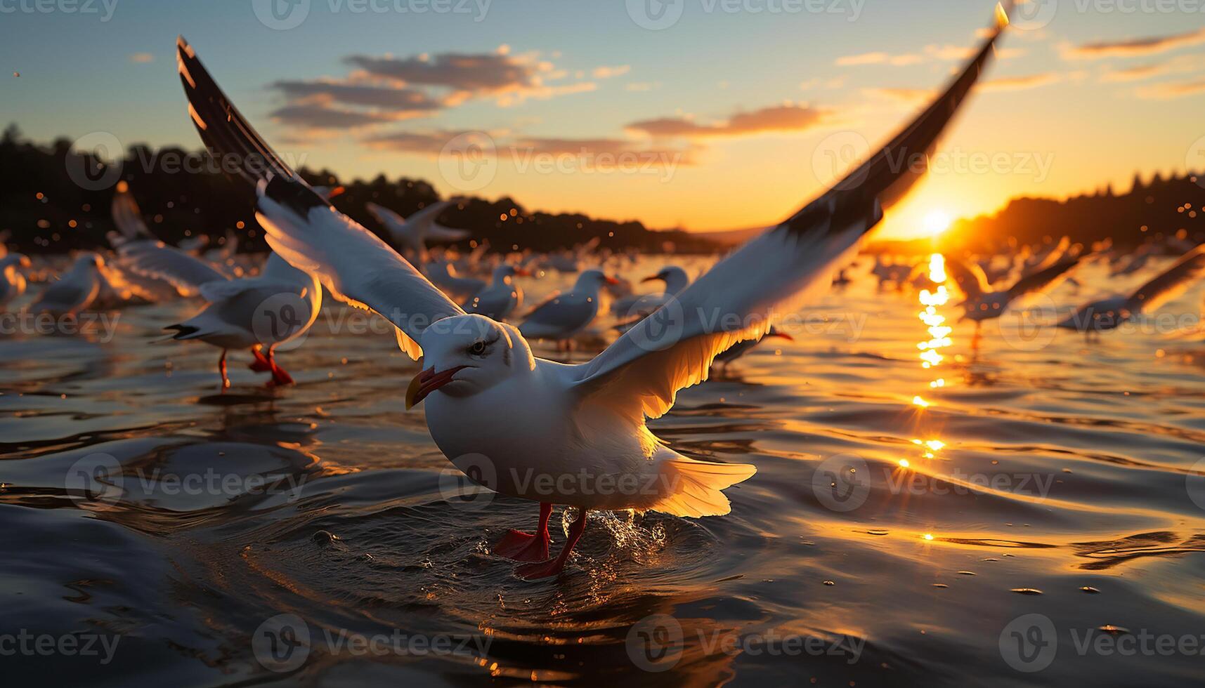 ai generado Gaviota volador terminado agua, puesta de sol refleja belleza en naturaleza generado por ai foto