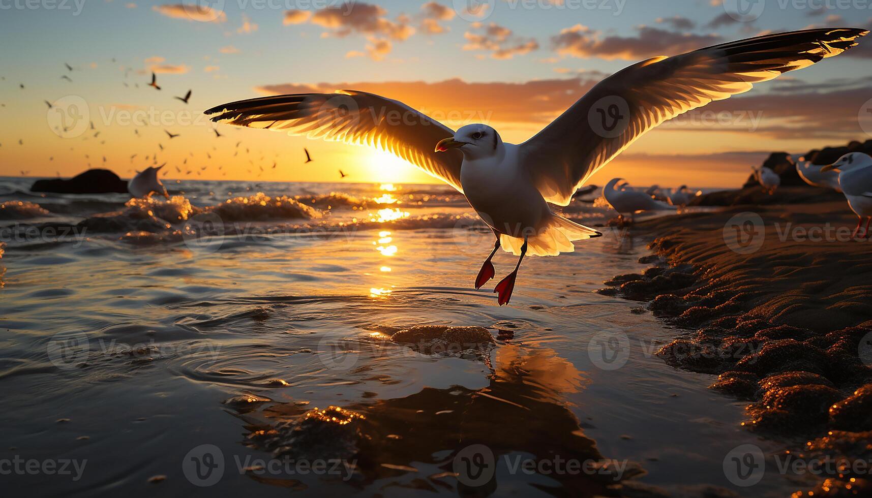 ai generado Gaviota volador terminado tranquilo mar, puesta de sol pinturas naturaleza belleza generado por ai foto