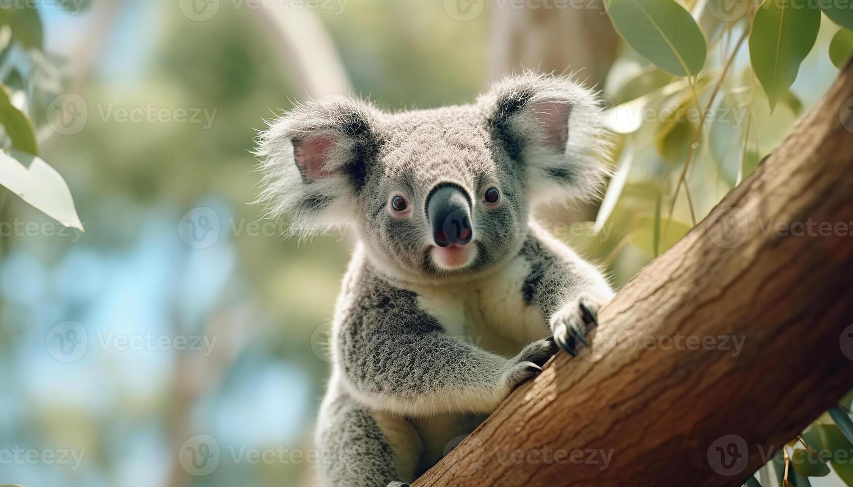 AI generated Cute koala sitting on tree branch, looking at camera generated by AI photo