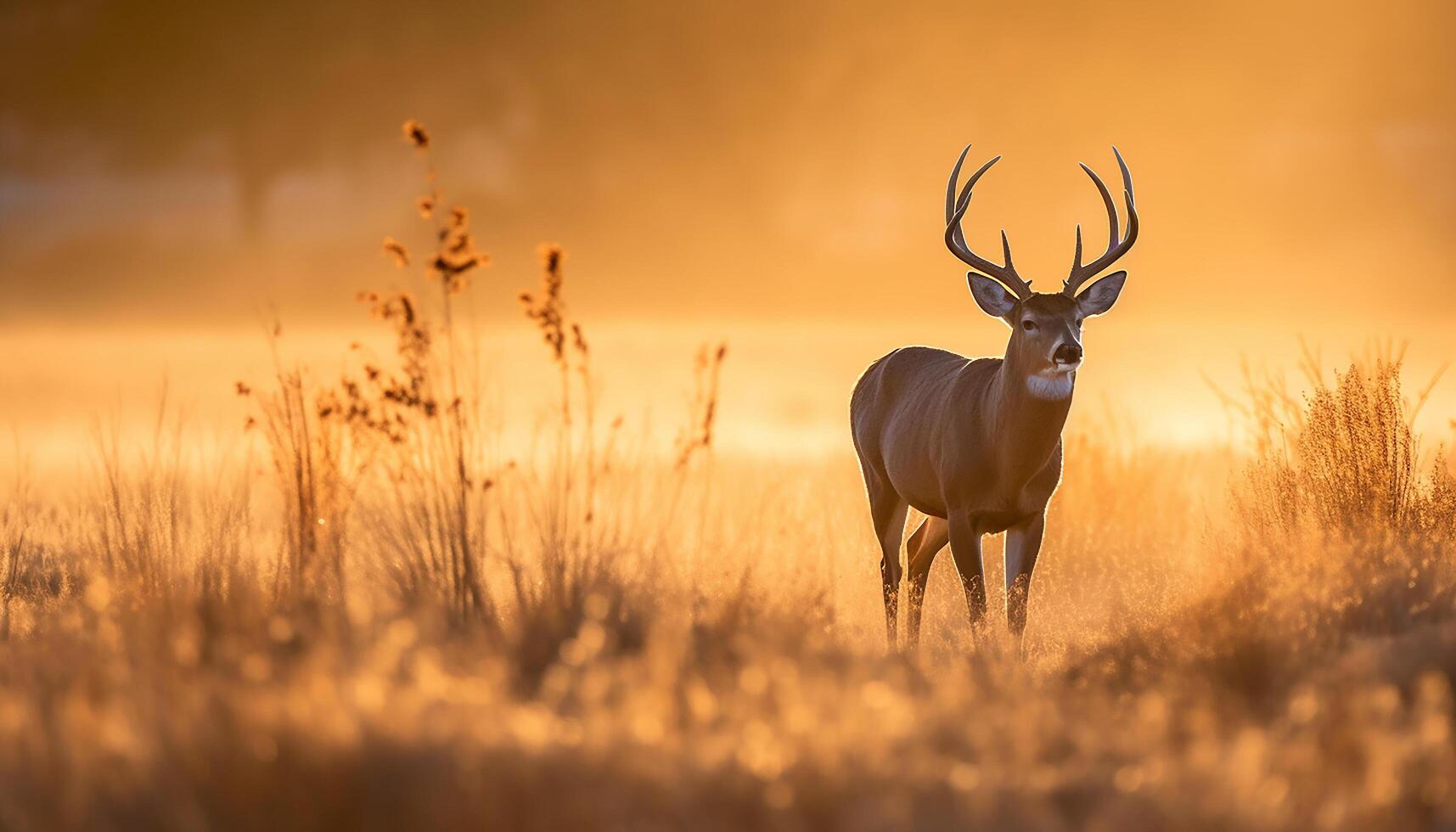 ai generado puesta de sol silueta ciervo pasto en tranquilo prado, rodeado por naturaleza generado por ai foto