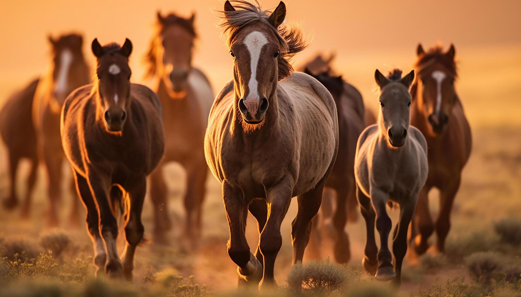 AI generated Running horse in meadow at sunset, a beautiful rural scene generated by AI photo