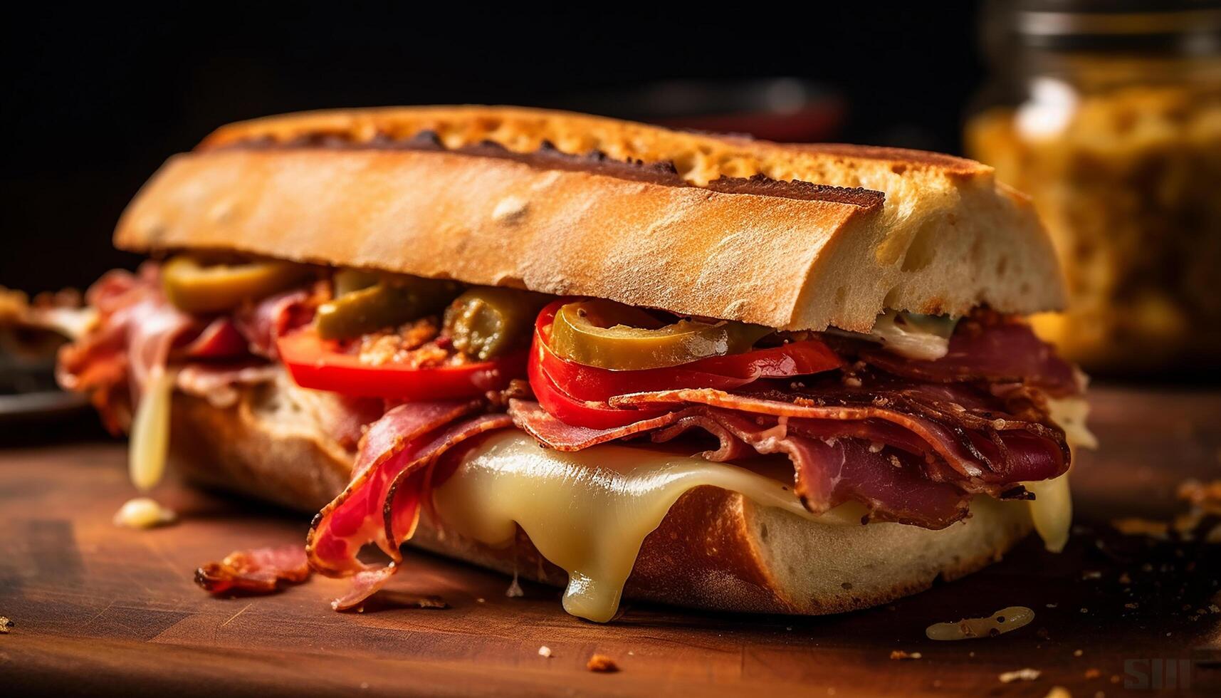 ai generado A la parrilla carne emparedado en ciabatta, Fresco y rústico Tiendas Delicatessen generado por ai foto