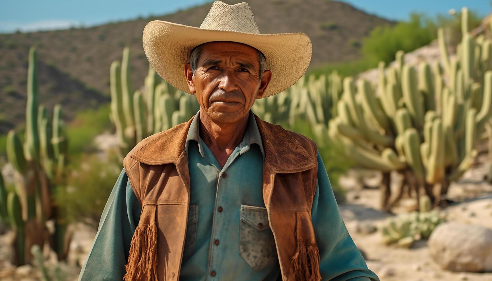 ai generado uno mayor hombre, un agricultor, en pie al aire libre, mirando a cámara generado por ai foto