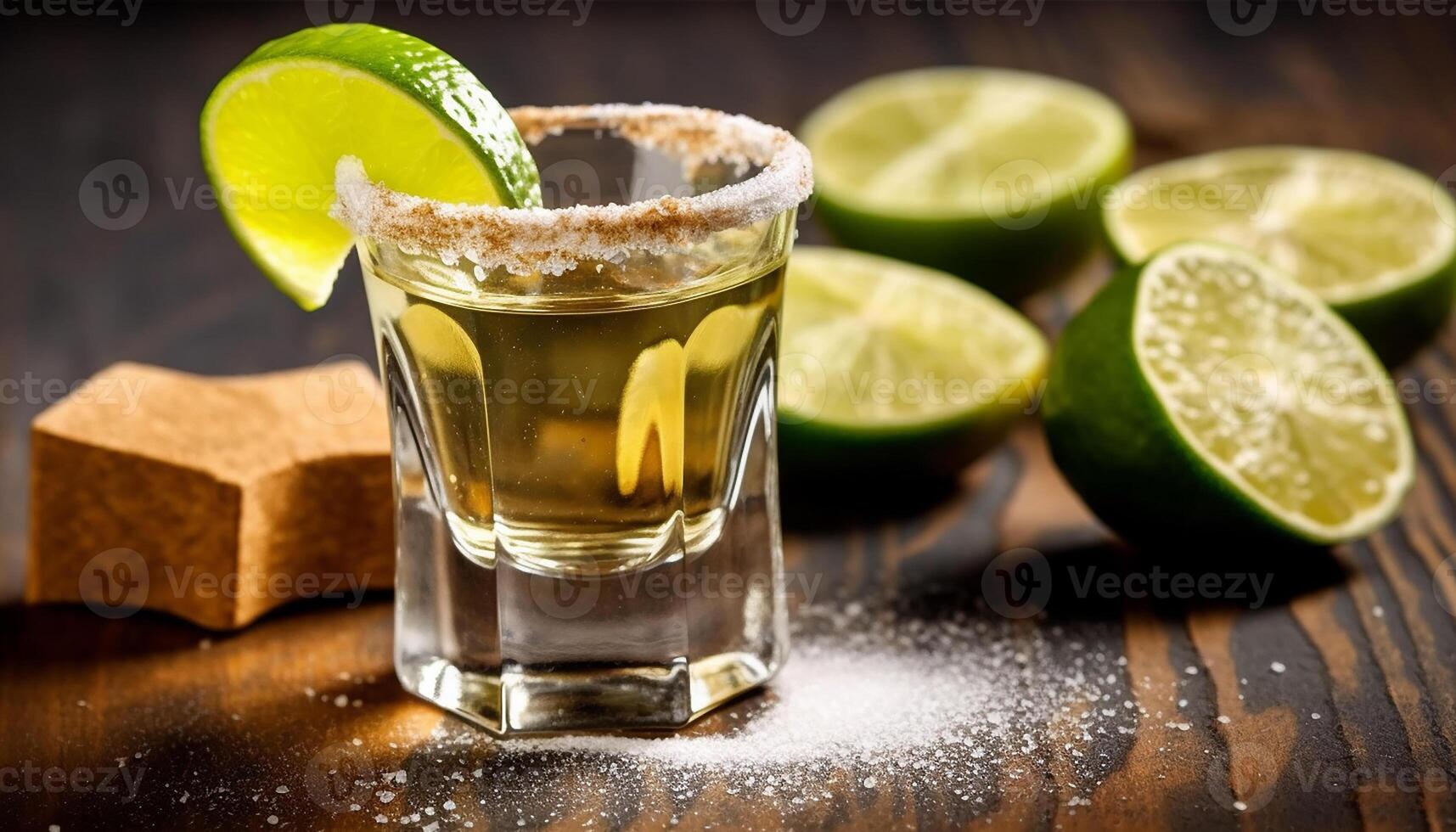 ai generado Fresco Lima rebanada en de madera mesa, tequila cóctel, refrescante bebida generado por ai foto