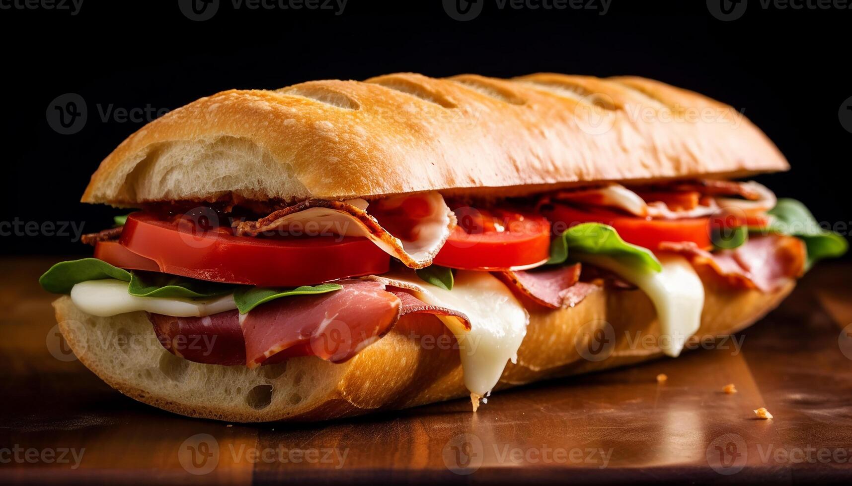 AI generated Freshness on a wooden table grilled ciabatta with gourmet meat generated by AI photo