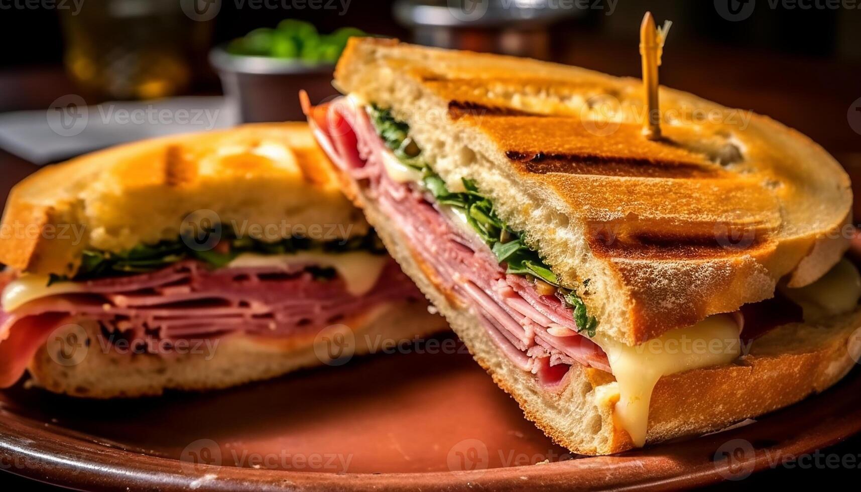 ai generado frescura y gastrónomo comida A la parrilla carne emparedado en tostado un pan generado por ai foto