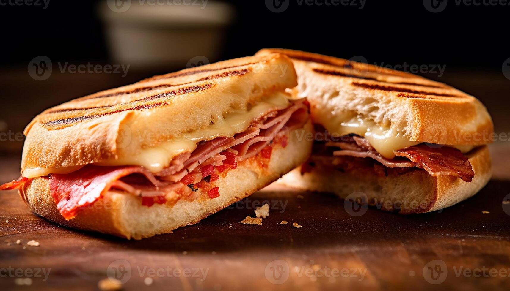 ai generado A la parrilla gastrónomo sándwich, Fresco carne, sano comida en de madera plato generado por ai foto