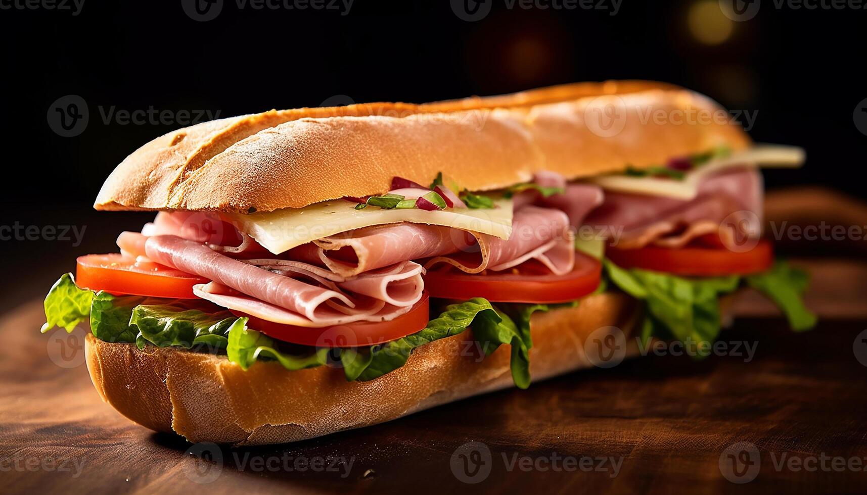 AI generated A rustic sandwich with prosciutto, pork, and fresh vegetables generated by AI photo