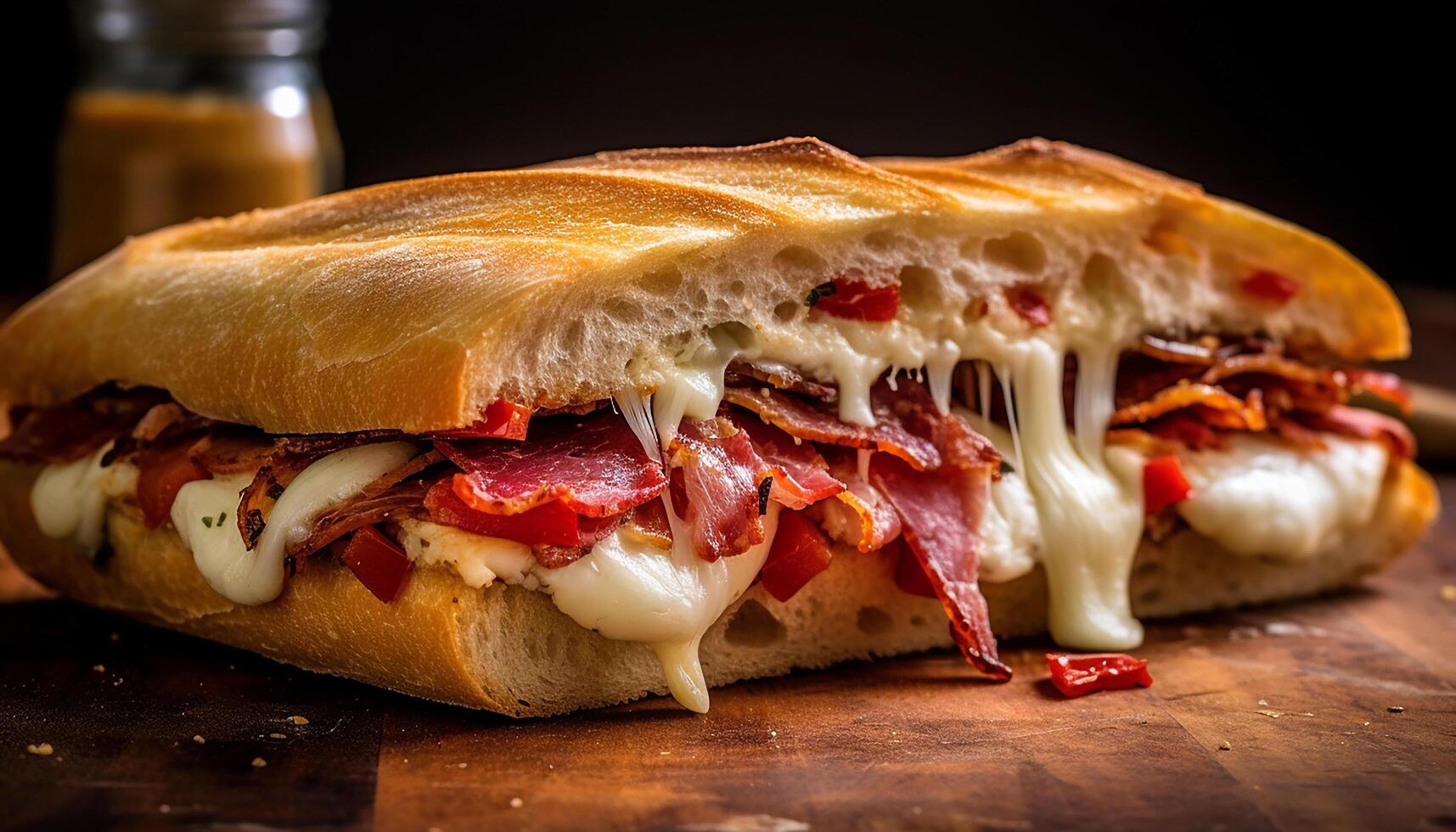 ai generado A la parrilla carne de vaca emparedado en ciabatta, Fresco ingredientes, rústico y hecho en casa generado por ai foto