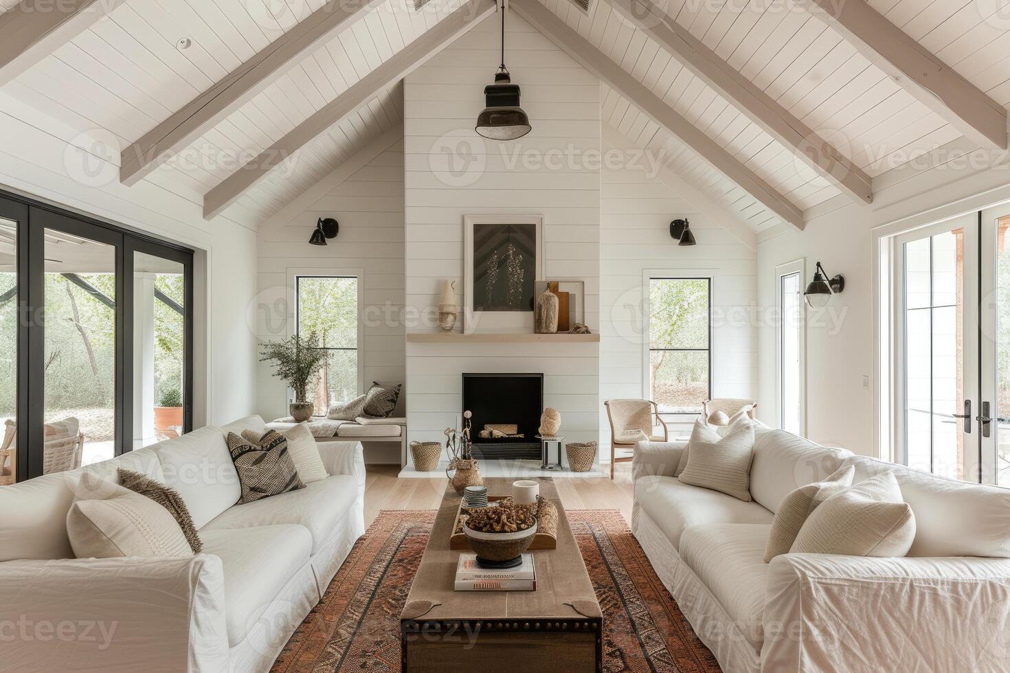 AI generated White Modern Farmhouse Living Room with Vaulted Ceilings Design Ideas. generative ai photo
