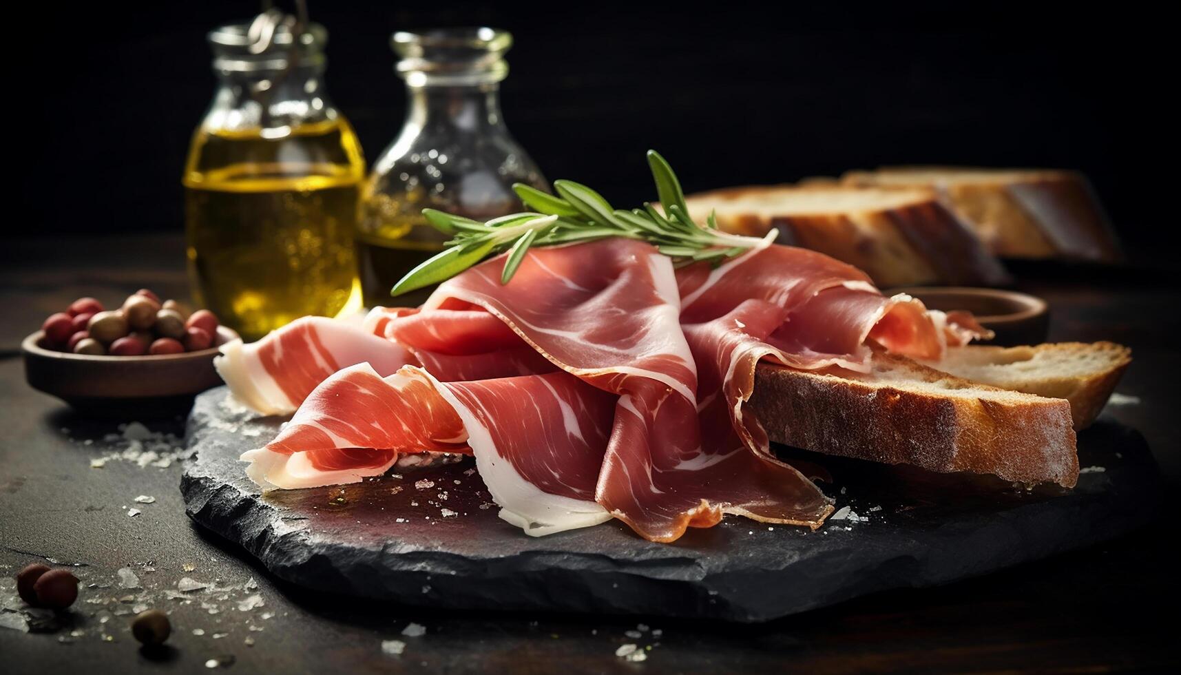 ai generado rústico jamón rebanada en de madera lámina, Listo a comer italiano bocadillo generado por ai foto