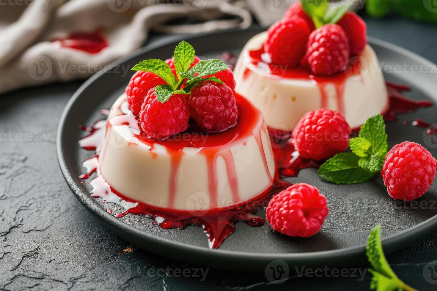 AI generated Panna cotta with raspberries sauce and fresh mint. generative ai photo