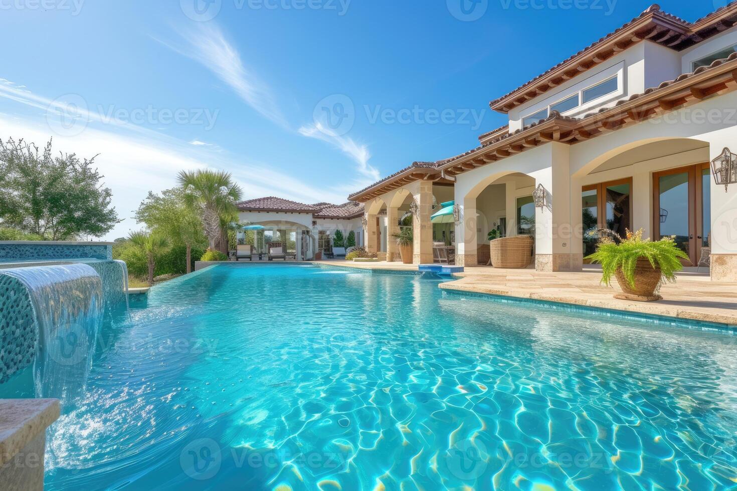 ai generado hermosa hogar exterior y grande nadando piscina en soleado día con azul cielo , caracteristicas serie de agua chorros formando arcos foto