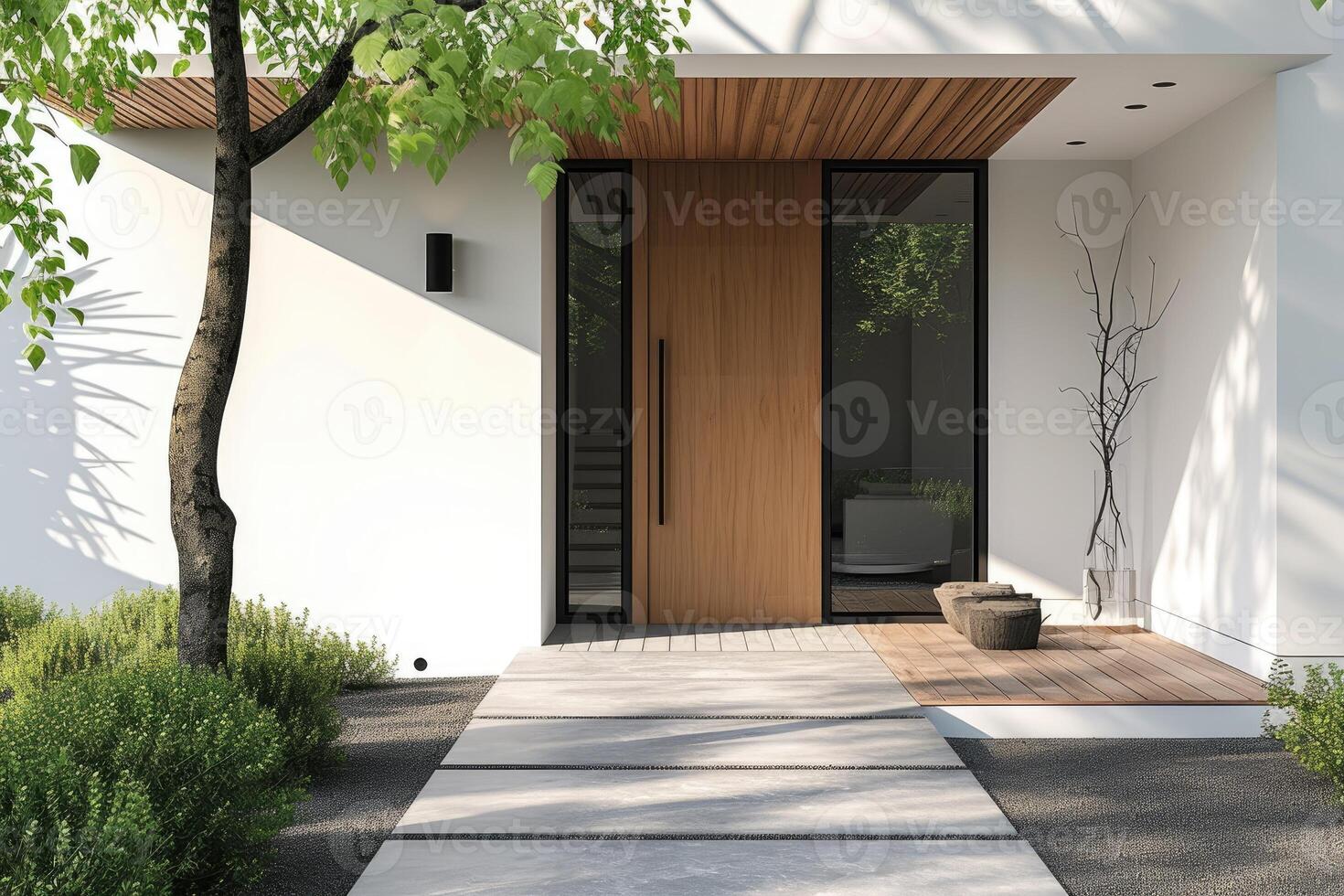 AI generated New House with Wooden Door and Empty White Wall. Large Patio in Modern Home. generative ai photo