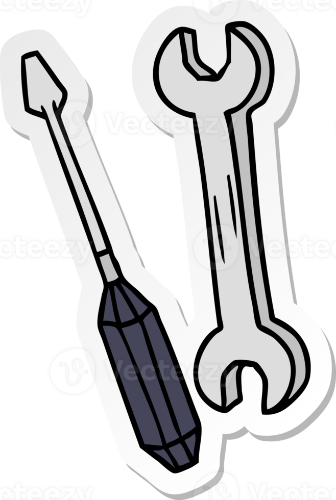 main tiré autocollant dessin animé griffonnage de une clé et une Tournevis png