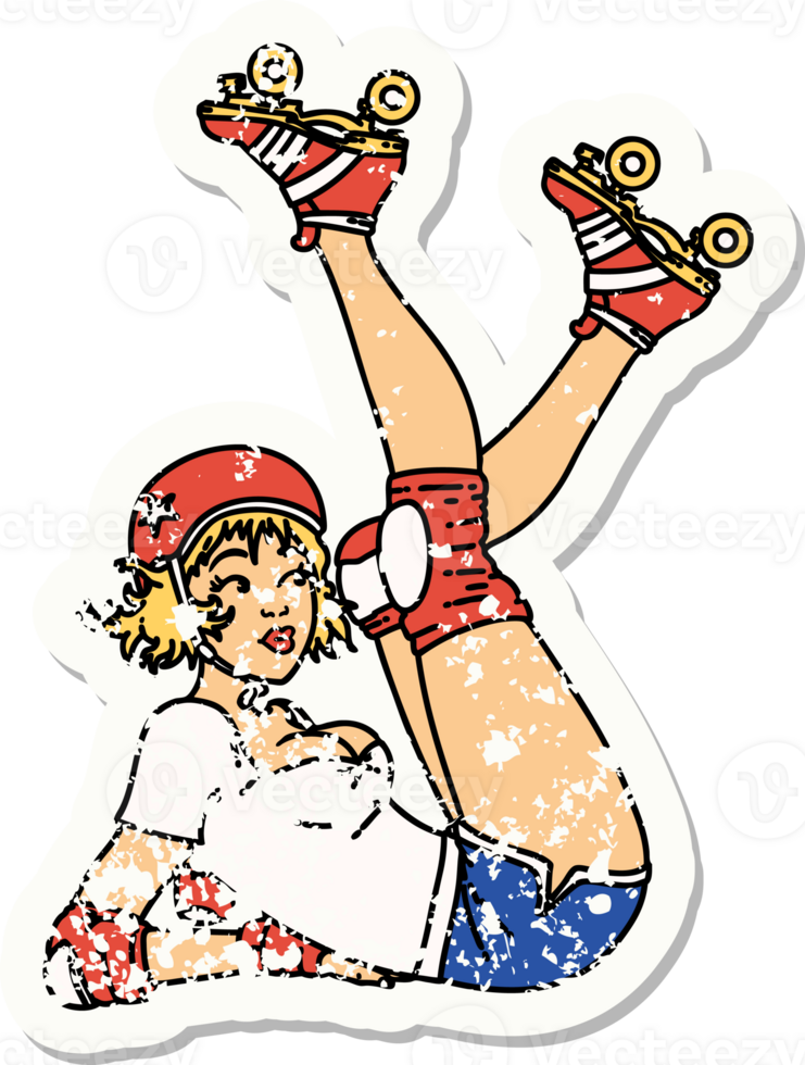 Distressed Sticker Tattoo im traditionellen Stil eines Pinup Roller Derby Mädchens png