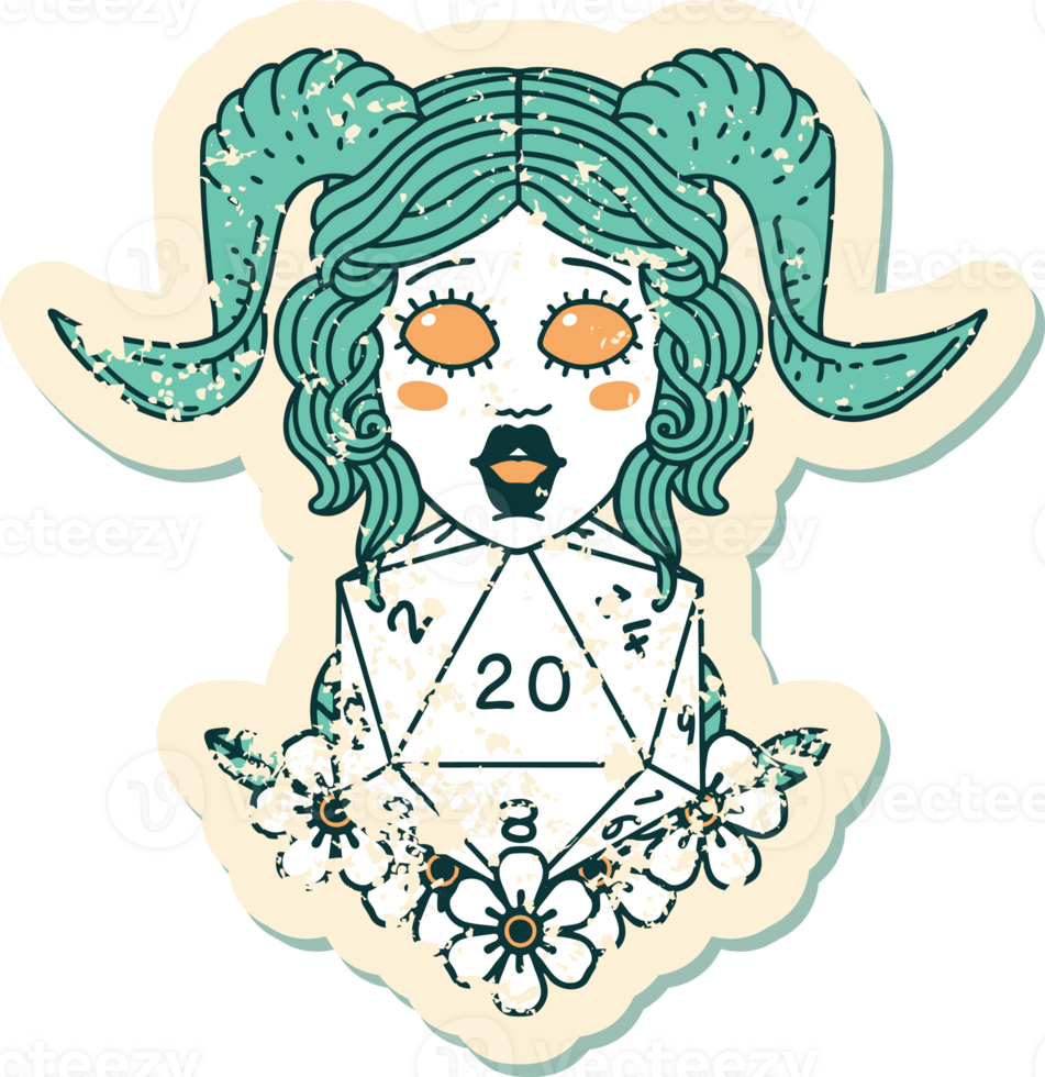 grunge sticker of a tiefling with natural twenty dice roll png