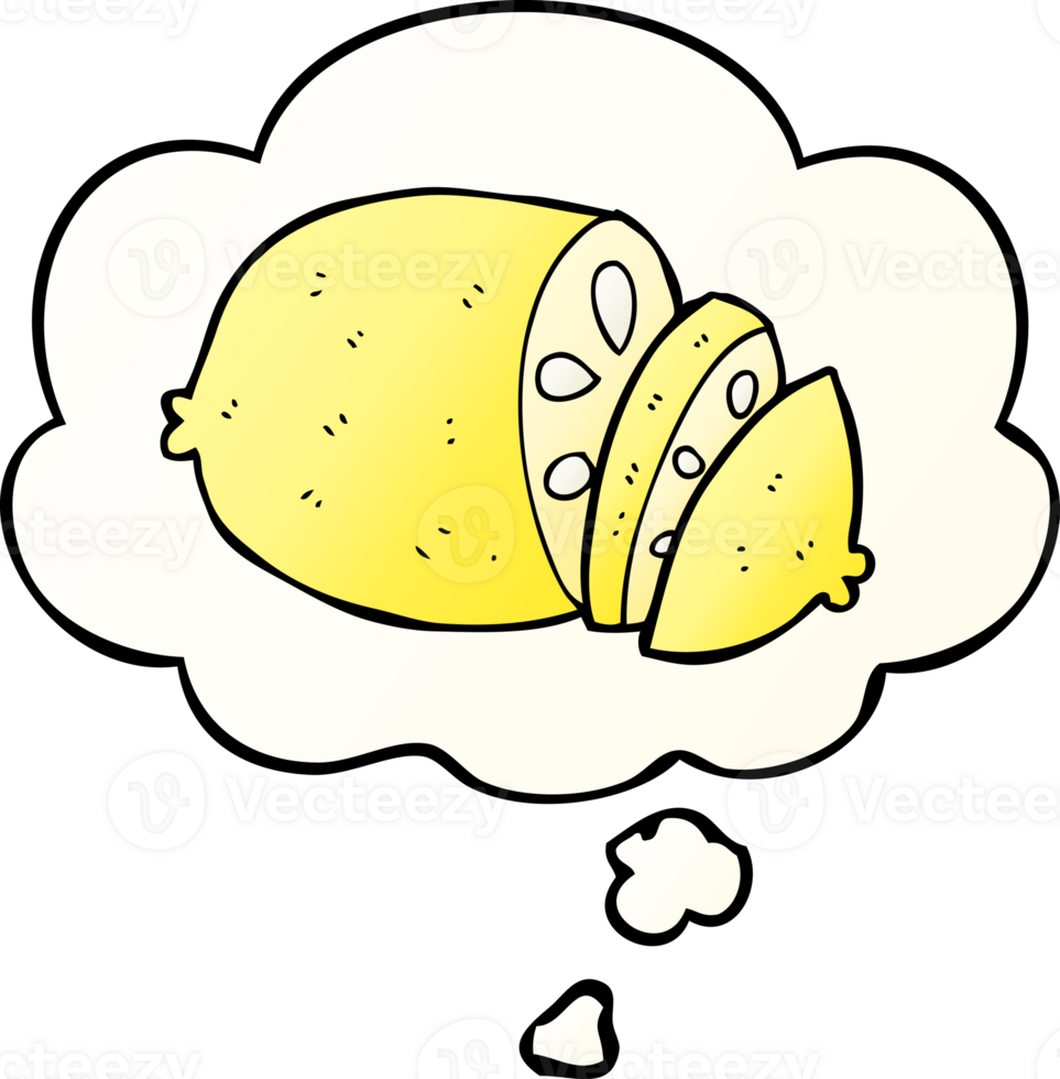 cartoon sliced lemon with thought bubble in smooth gradient style png