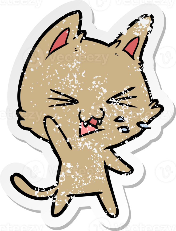 distressed sticker of a cartoon cat hissing png