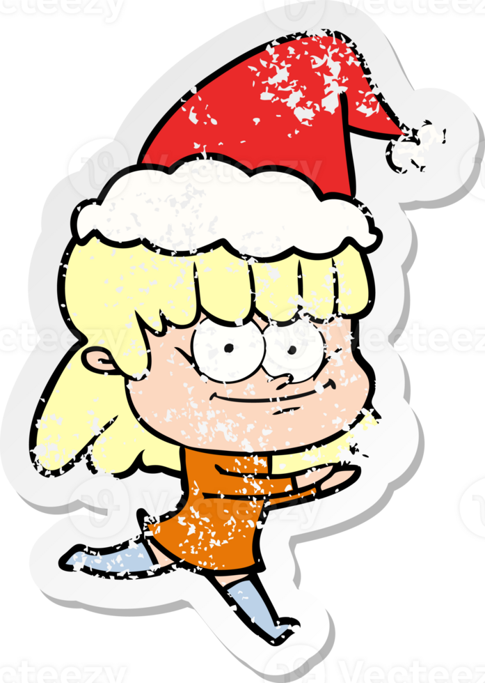 hand drawn distressed sticker cartoon of a smiling woman wearing santa hat png