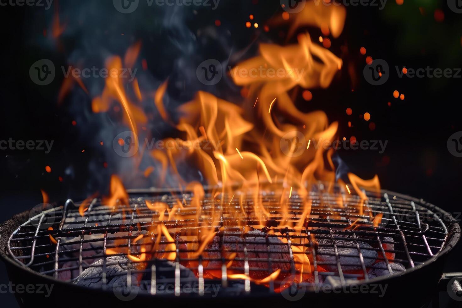 ai generado caliente vacío portátil parilla barbacoa parrilla con llameante fuego y ascua carbón en negro antecedentes. esperando para el colocación de tu alimento. cerca arriba foto