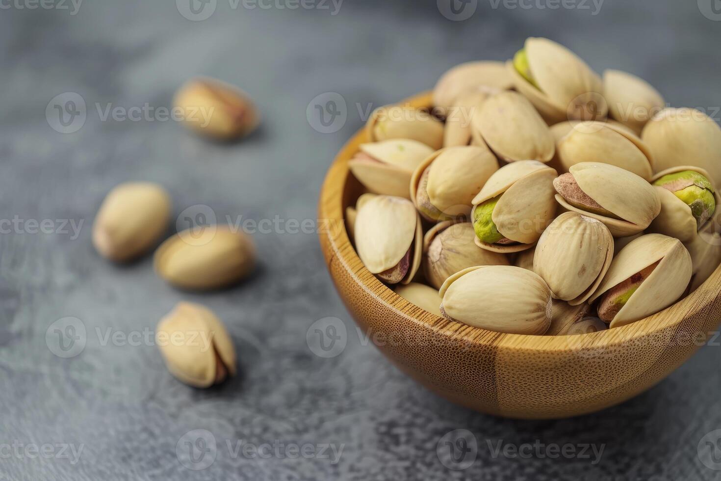 ai generado crujiente placeres, pistachos anidado en un de madera bol. generativo ai foto